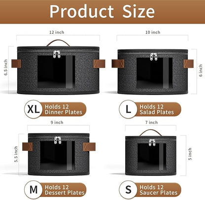 4 Piece China Storage Containers, Dish Storage Containers with Clear Windows, Hard Shell Plate Organizer with Handles, Stackable Moving Boxes for Dishes, Glassware, Dinnerware, Plates, Dark Gray