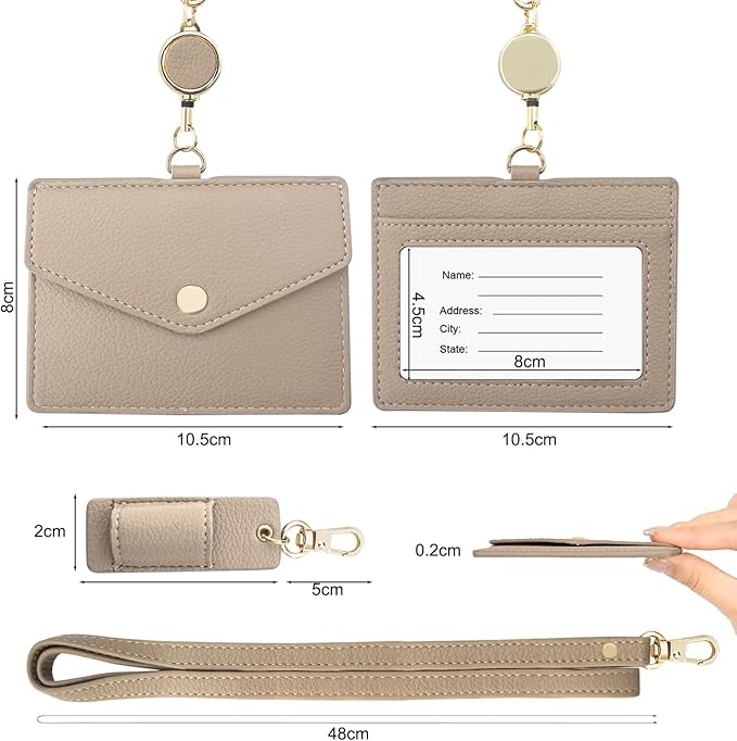 Office Badge Holder - Boshiho Genuine Leather Credit ID Card Holder with Stretch Neck Lanyard and Pen Clip, Gift Box (Horizontal-Light Brown)
