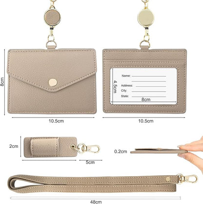 Office Badge Holder - Boshiho Genuine Leather Credit ID Card Holder with Stretch Neck Lanyard and Pen Clip, Gift Box (Horizontal-Light Brown)