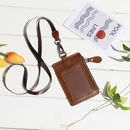 Wonderpool Leather ID Badge Holder with Zipper Wallet Pouch - Card Slots Case Detachable Neck Lanyard and Retractable Badge Reel for Office School Hospital Exhibition ID (Light Brown)