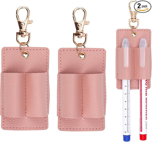 2pcs Anti Lost Pen Holders, Portable Double Badge Pen Holder Keychain Clip PU Leather Pencil Pouch Accessories for Teachers Nurses Students Office Workers