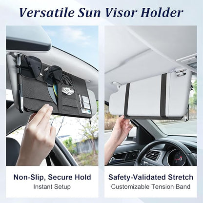 Amiss Car Sun Visor Organizer with Double Zippers, Multi-Pockets for Glasses, Pens, Cards & Documents, Universal Storage Pouch, Fits Most Cars, SUVs and Trucks, Car Interior Accessories (Black)