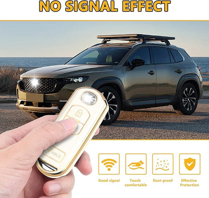 FT FUNTOR for Mazda Key Fob Cover,3 Buttons TPU Key Cover with Golden Edge,Compatible with Mazda 3 6 CX-3 CX-5 CX-7 CX-9 with Keychain (A-White)