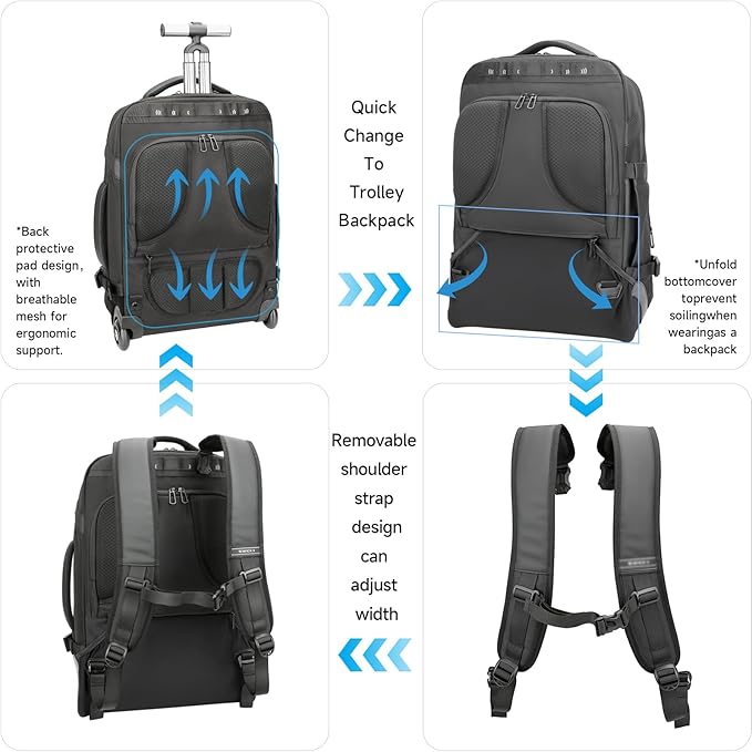 Rolling Backpack,17inch Laptop Backpack with Wheels,Water Resistant Carry on Luggage with USB C Ports, Wheeled Backpack Suitcase for Men Women Adults to Travel
