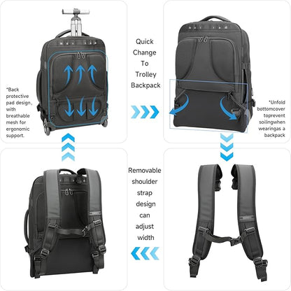 Rolling Backpack,17inch Laptop Backpack with Wheels,Water Resistant Carry on Luggage with USB C Ports, Wheeled Backpack Suitcase for Men Women Adults to Travel