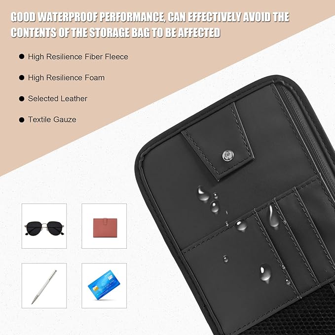 Car Sun Visor Organizer, PU Leather Multi-Pocket Visor Storage Pouch with Zipper, Auto Interior Document Holder Sunvisor Card Sleeve Pocket Organizer for Driving License Pen Key (Black)