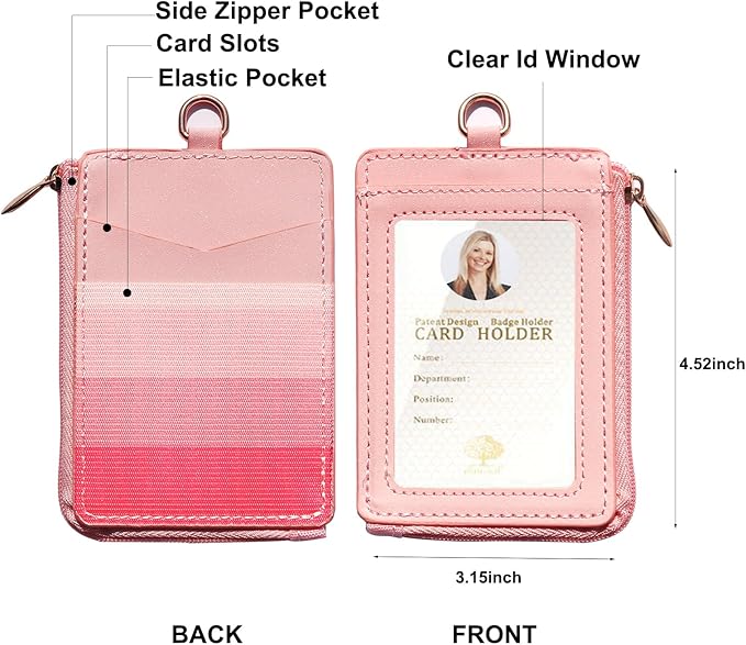 2-in-1 ID Badge Holder & Elastic Card Holder Wallet,Minimalist Men & Women Zip Card Holder Wallet with Neck Lanyard,3 Card Slots and 1 Side Zipper Pocket (Pink-B1)