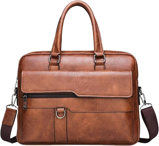 Men's Leather Laptop Bag 15 IN, Water-Resistant Briefcase Messenger Bag for Work, Business, Shoulder Crossbody Office Satchel