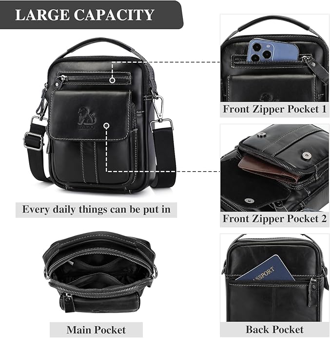 BAIGIO Genuine Leather Small Messenger Bag for Men Crossbody Shoulder Bag for Ipad MIni Handbag Man Purse for Daily Business | Genuine Leather, Small, for Ipad Mini, Man Purse, for Daily Business