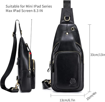 Mens Sling Bag Genuine Leather Crossbody Bags for Men Small Sling Chest Backpack Casual Man Bag Hiking Outdoor, Black