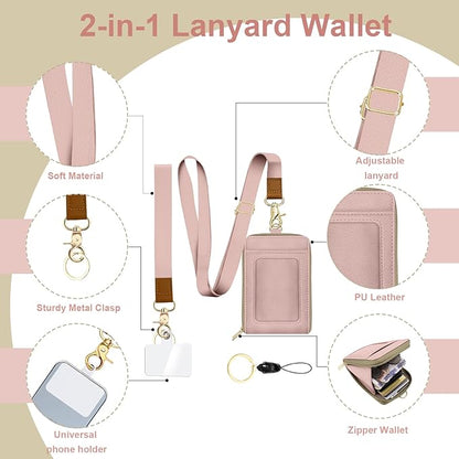 Pink PU Leather Lanyard Wallet with ID Badge Holder with 1 Zip Pocket and 3 Card Slots Keychain for Office School Business
