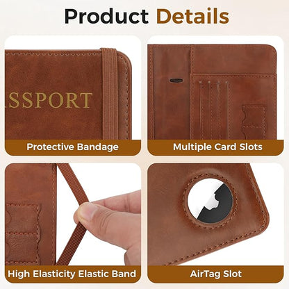 Passport Holder for Travel Women Men - Passport Cover Wallet with Airtag Slot - RFID Blocking PU Leather Passport Holder Case with Card Holder, Pen Slot - Brown
