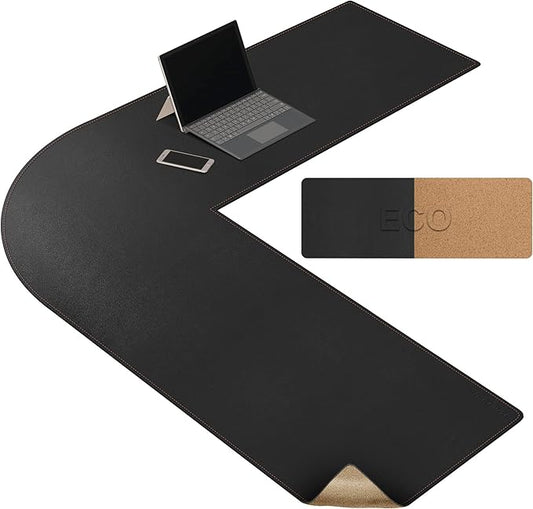 MAIDERN (47” + 47”) x 15.7” L Shaped Corner Desk Mat, Cork & Leather Reversible Desk Pad for Gaming Computer Office Home (Black)