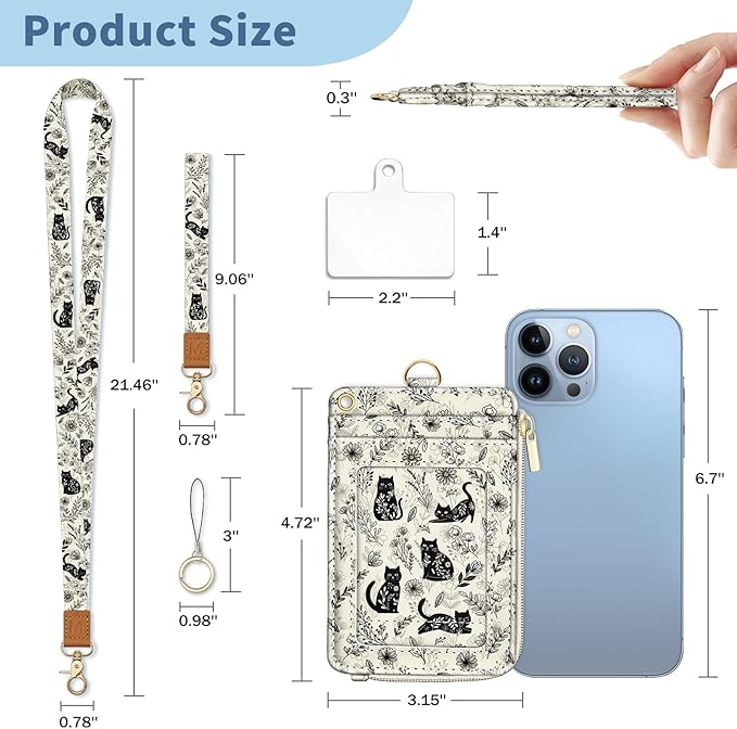 Lanyard Wallet with Id Badge Holder, Cat RFID Small Keychain Wallet Women Wristlet, Floral Boho Zipper Credit Card Holder Phone Wrist Neck Strap for Key Name Tag, Teacher Student Office Gifts
