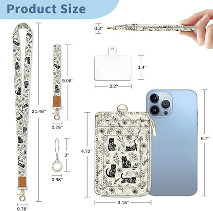 Lanyard Wallet with Id Badge Holder, Cat RFID Small Keychain Wallet Women Wristlet, Floral Boho Zipper Credit Card Holder Phone Wrist Neck Strap for Key Name Tag, Teacher Student Office Gifts