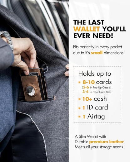 IW Slim Airtag Wallet for Men: Pop Up Bifold Wallet with Detachable Money Clip ID Window for Air Tag(1st & 2nd Generation) - RFID Blocking for 8-10 Cards Cash - Gift Box Included (Light Brown)