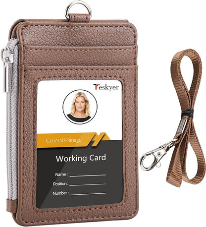 Teskyer Badge Holder with Side Zip Pocket, Multiple Card Slots Leather ID Holder Wallet with Neck Lanyard for Office Staffs, Teachers/Students, Workers, Cruise Cards, Bus/Metro Cards, Lichee Coffee