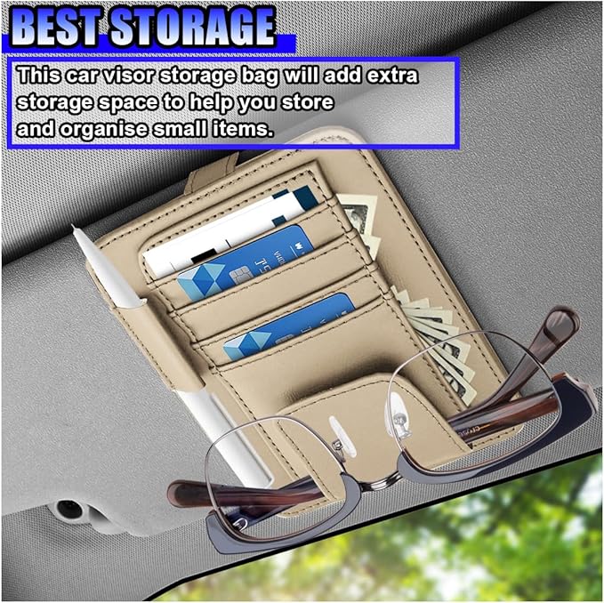 Leather Car Sun Visor Organizer, Multifunctional Auto Visor Document Holder with Sunglasses Clip, Universal Vehicle Interior Pocket Storage Accessories for Drving License, Card, Pen (Beige)