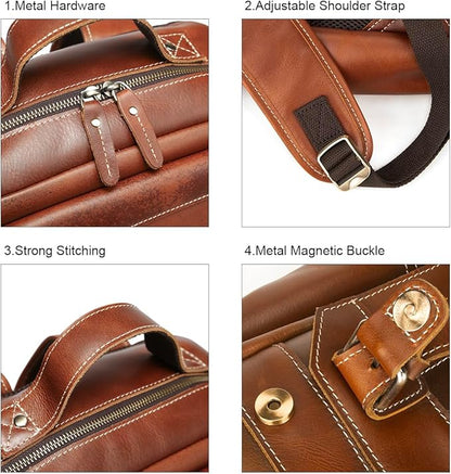 LANNSYNE Vintage Genuine Leather Backpack For Men Fits up to 15" Laptop Travel Hiking Rucksack