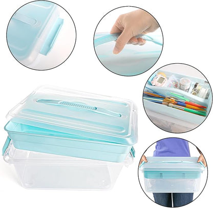 Yesland Stack & Carry Box with Removable Tray, 16 x 11 x 6.5 Inch Plastic Art Supply Storage Organizer Craft Storage Containers with Handle, Portable Organizer Bin for Stationery Sewing Jewelry, Blue