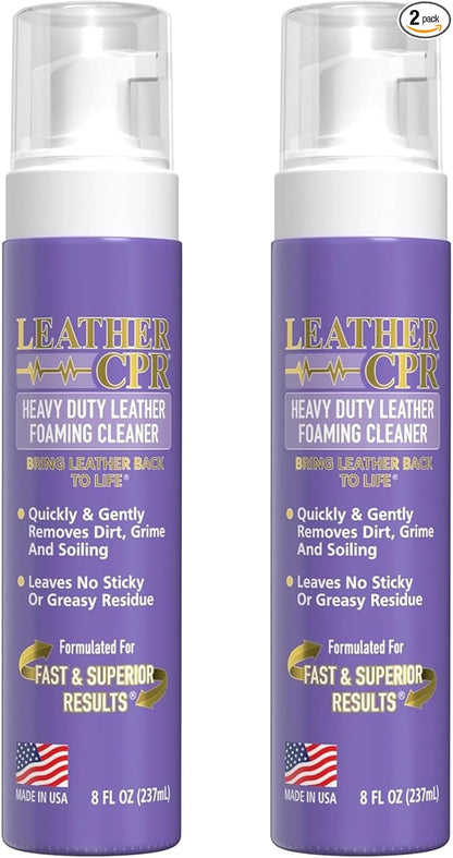 Leather CPR Heavy Duty Leather Foaming Cleaner - 8 oz (2 Pack) - Car Interior Cleaner For Heavy Dirt & Grime, Heavily Soiled Furniture Leather Cleaner For Couch, Car Seat, Purses, Shoes, Boots, & More