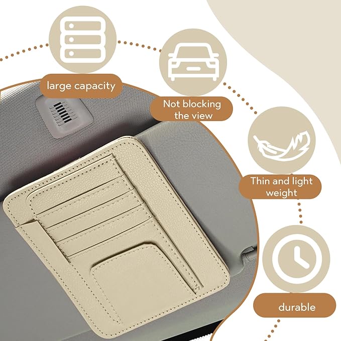 Car Sun Visor Organizer, Multifunctional Auto Visor Document Holder with Sunglasses Clip, Universal Car Interior Accessories Organizer for Drving License, Card, Pen (Beige)