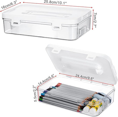 BTSKY Clear Plastic Storage Container with Lid & Handle, Multipurpose Craft Organizers and Storage Box, Easy Carry & Stack Flat Storage Box for Pencils Markers Crayons Sticky Notes, 1 Pack