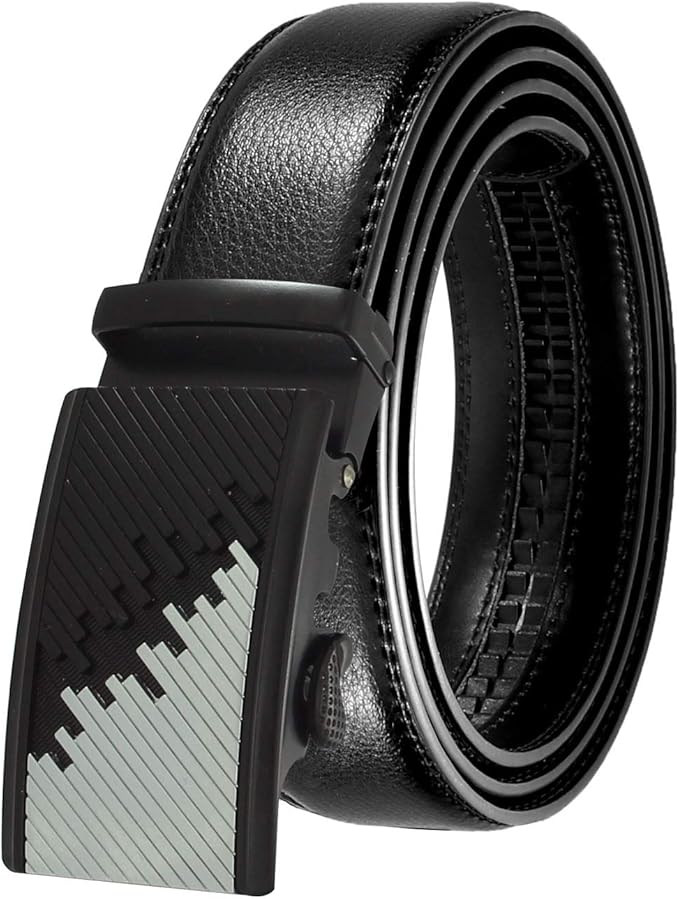 JINIU Men's Ratchet Belt Buckle, Black Genuine Leather Slide Belt for Men Dress Suit, Micro Adjustable Trim to Fit Boxed