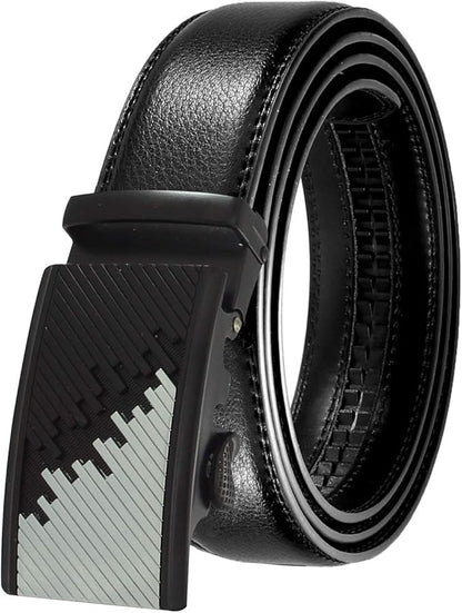JINIU Men's Ratchet Belt Buckle, Black Genuine Leather Slide Belt for Men Dress Suit, Micro Adjustable Trim to Fit Boxed