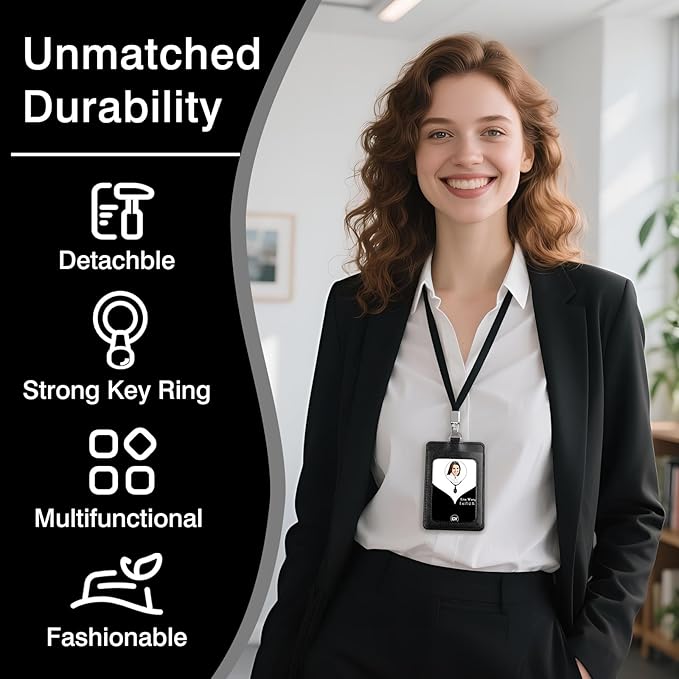 2-Pack PU Leather Vertical ID Badge Holders with Heavy Duty Retractable Reel Clips – Clear Window & 2 Card Slots (Black)