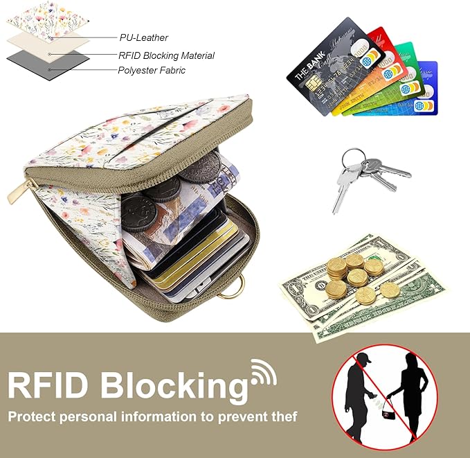 Flower Watercolour PU Leather ID Badge Holder with Lanyard with 1 Zip Pocket and 3 Card Slots Keychain Phone Lanyard Wrist Strap, RFID Blocking, for Office School Business Women