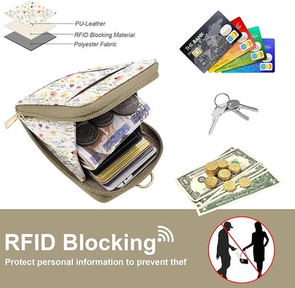 Flower Watercolour PU Leather ID Badge Holder with Lanyard with 1 Zip Pocket and 3 Card Slots Keychain Phone Lanyard Wrist Strap, RFID Blocking, for Office School Business Women