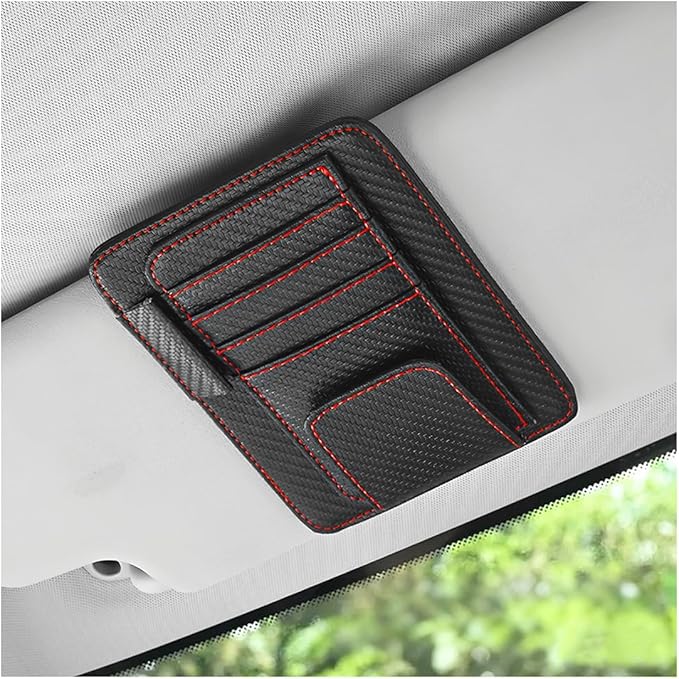 Car Sun Visor Organizer, PU Leather Vehicle Visor Document Storage Pocket for Sunglass Card Pen, Multifunctional Automotive Interior Holder Accessories, Universal Fit (Carbon Black/Red)