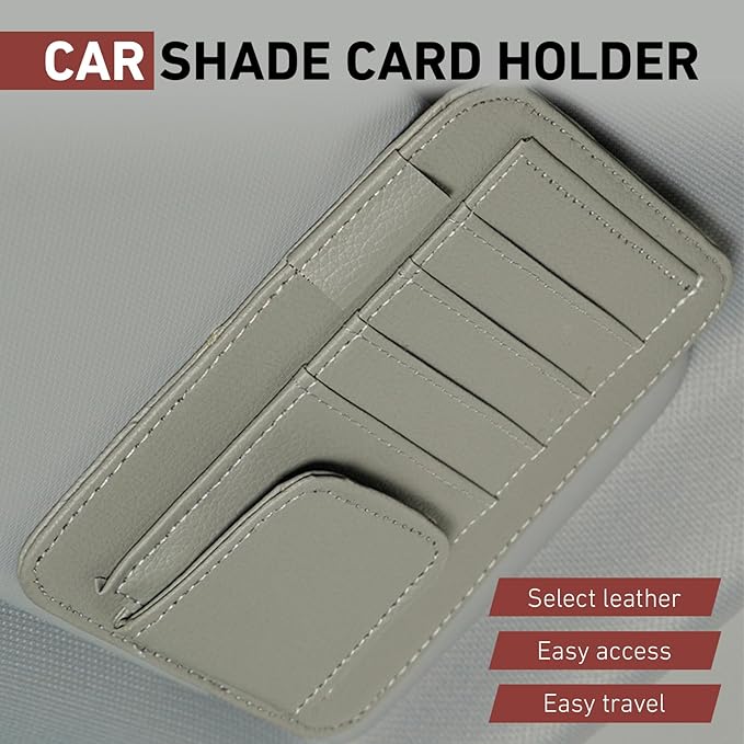Small Leather Car Sun Visor Organizer, 4.9" x 6.1" Multifunctional Strap-On Document Sunshade Storage Holder for Card Pen Sunglasses License, Universal for Most Cars Trucks SUVs (Gray)