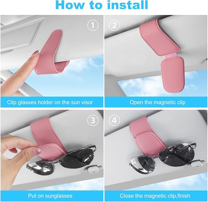 TCJJ Sunglasses Holders for Car Visor,Car Magnetic Glasses Holder Leather Sunglasses Clip and Ticket Card Clip Suitable for Car Interior Visor and Different Size Eyeglasses(Pink/2)