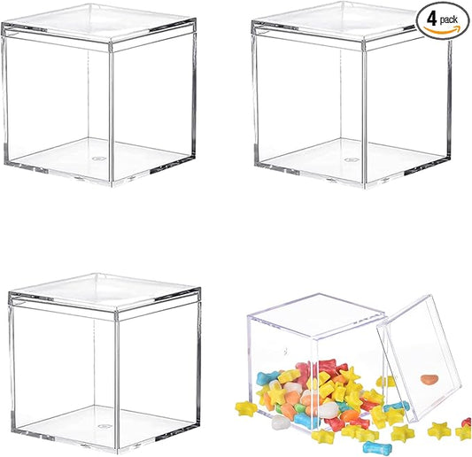 Acrylic box with Lid Clear 4 Pack Small Clear Acrylic Square Cube Plastic Storage Box 1.77x1.77x1.77Inch/45X45X45mm for Birthday Valentine's Day Party Favor Candy Jewelry Box