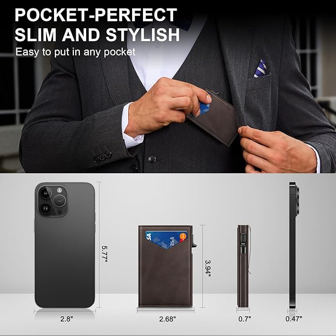 Wallet for Men, RFID Wallet with Money Clip & ID Window, Minimalist Pop Up Credit Card Case Holder 10-12 Cards, Bifold Slim Smart Wallet for Front Pocket, Compact Metal Wallets, Gifts for Men, Coffee