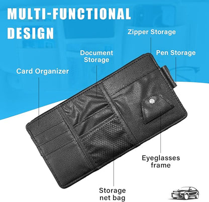 Augeny Car Sun Visor Organizer, Leather Personal Belonging Storage Pouch with Zipper, Car Visor Storage Pouch Sunglasses Holder, Auto Interior Accessories Pocket Organizers (Black)