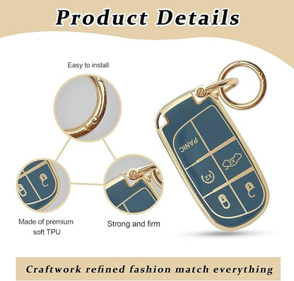 for Jeep Key Fob Cover Keychain Soft Full Protection Key Case Shell, Car Accessories for Man,Girls, Women, Compatible with Jeep Smart Key 3 4 5 Buttons Protector(Blue)