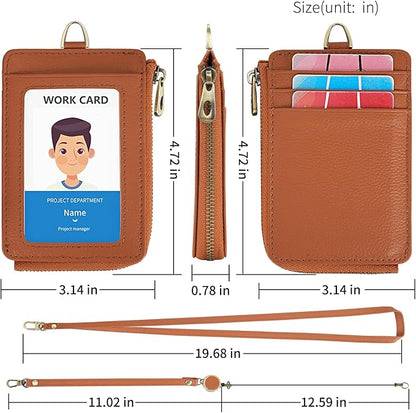 Wason Badge Holder Card Wallet Real Leather with Zipper, Detachable Neck Lanyard, Hand Strap, Retractable Badge Reel, Multi Purpose Case for ID Permit Badge Coin Key Driver's License (Brown)