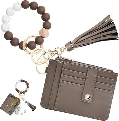 KNGITRYI Wallet Keychain Wristlet for Women,Slim RFID Credit Card Holder Purse Tassel Keychain Bangle Key Ring for Men Women