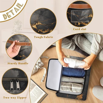 Black Gold Marble Storage Bins With Zipper Lid, Collapsible Trunk Organizer, Car Organizers and Storage Bins with Lids, Decorative Storage Boxes with Handle, Home Storage Baskets For Organizing