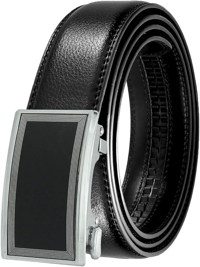 JINIU Men's Ratchet Belt Buckle, Black Genuine Leather Slide Belt for Men Dress Suit, Micro Adjustable Trim to Fit Boxed