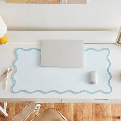 Ralxion Scalloped Desk Mat, 31.5" x 15.7", PU Leather, Waterproof Anti-Slip, Cute Aesthetic Desk Pad for Office/Home/Game/Vanity (Blue, Large)