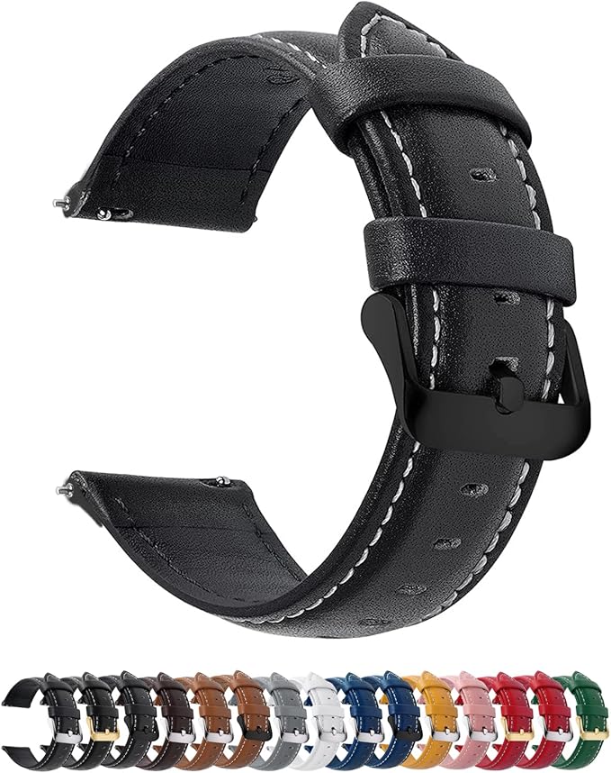 12 Colors for Quick Release Leather Watch Band, Fullmosa Axus Genuine Leather Watch Strap Women Men 14mm, 16mm, 18mm, 19mm, 20mm, 22mm or 24mm (choose the proper size), Black+black buckle, Classic