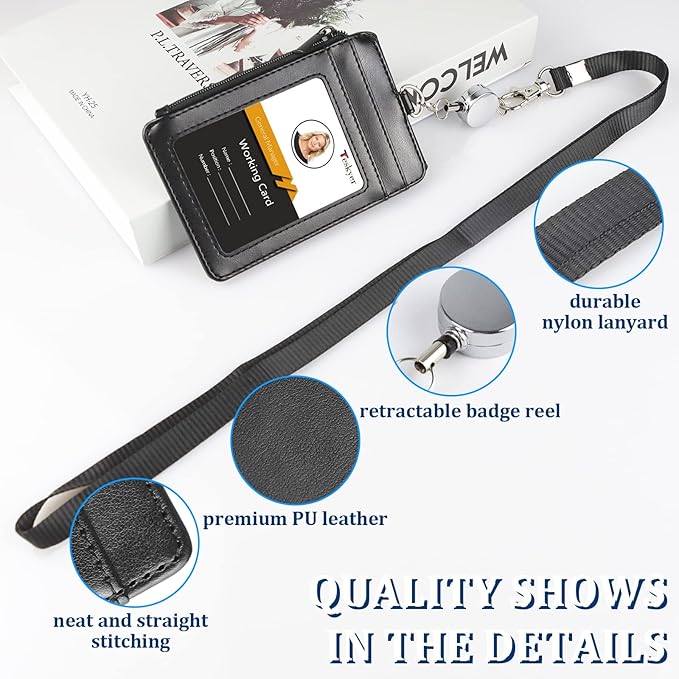 Teskyer Leather Badge Holder with Lanyard and Retractable Badge Reel, 4 Card Slots ID Card Holder with 1 Zipper Pocket for Office School Name Work IDs, Black