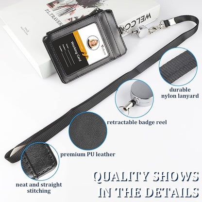 Teskyer Leather Badge Holder with Lanyard and Retractable Badge Reel, 4 Card Slots ID Card Holder with 1 Zipper Pocket for Office School Name Work IDs, Black