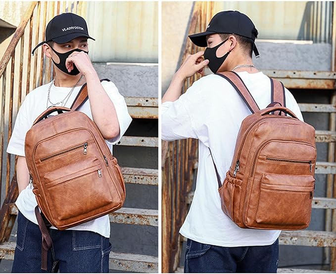 Vintage Leather Backpack for Men 16" Laptop Bag for work Casual Daypack Business Travel Rucksack Waterproof (Deep Khaki)