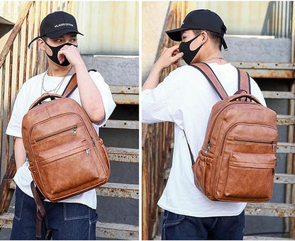 Vintage Leather Backpack for Men 16" Laptop Bag for work Casual Daypack Business Travel Rucksack Waterproof (Deep Khaki)