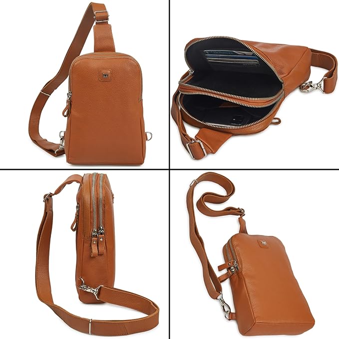 Leather Sling Bag for Women Genuine Crossbody Purse Small Trendy Cross Over Chest with Phone and Credit Card Slots (Cognac Nappa)